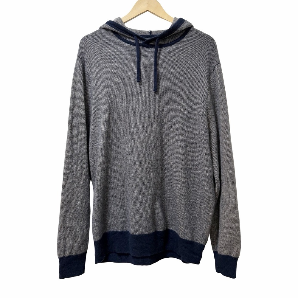 J Crew Mens Tipped Cashmere Hoodie Sweater Size XXL Navy Blue Birds-Eye Luxury
